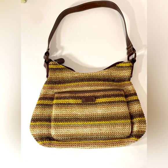 Straw Stripes Bag Brown Yellow with Leather like straps - Picture 1 of 14